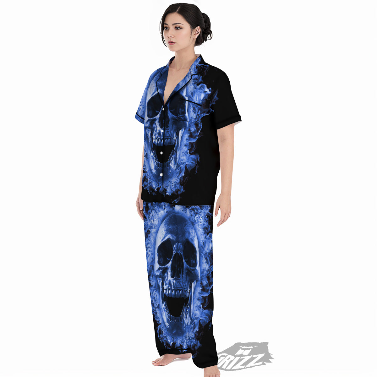 Blue Flaming Skull Print Women's Pajamas Set-grizzshop