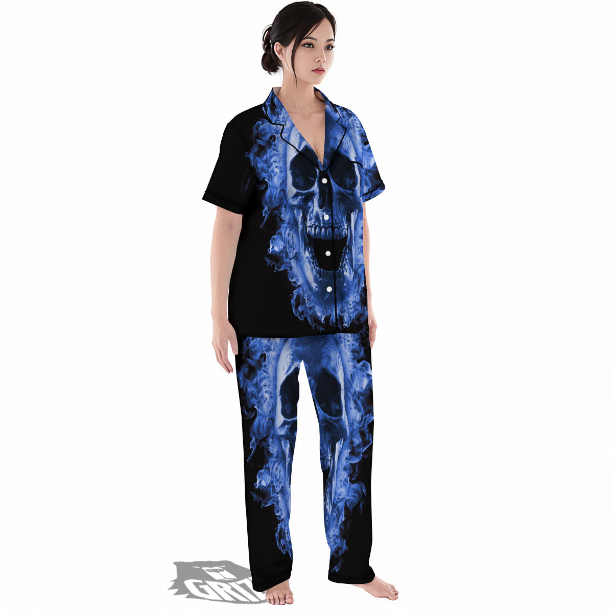 Blue Flaming Skull Print Women's Pajamas Set-grizzshop