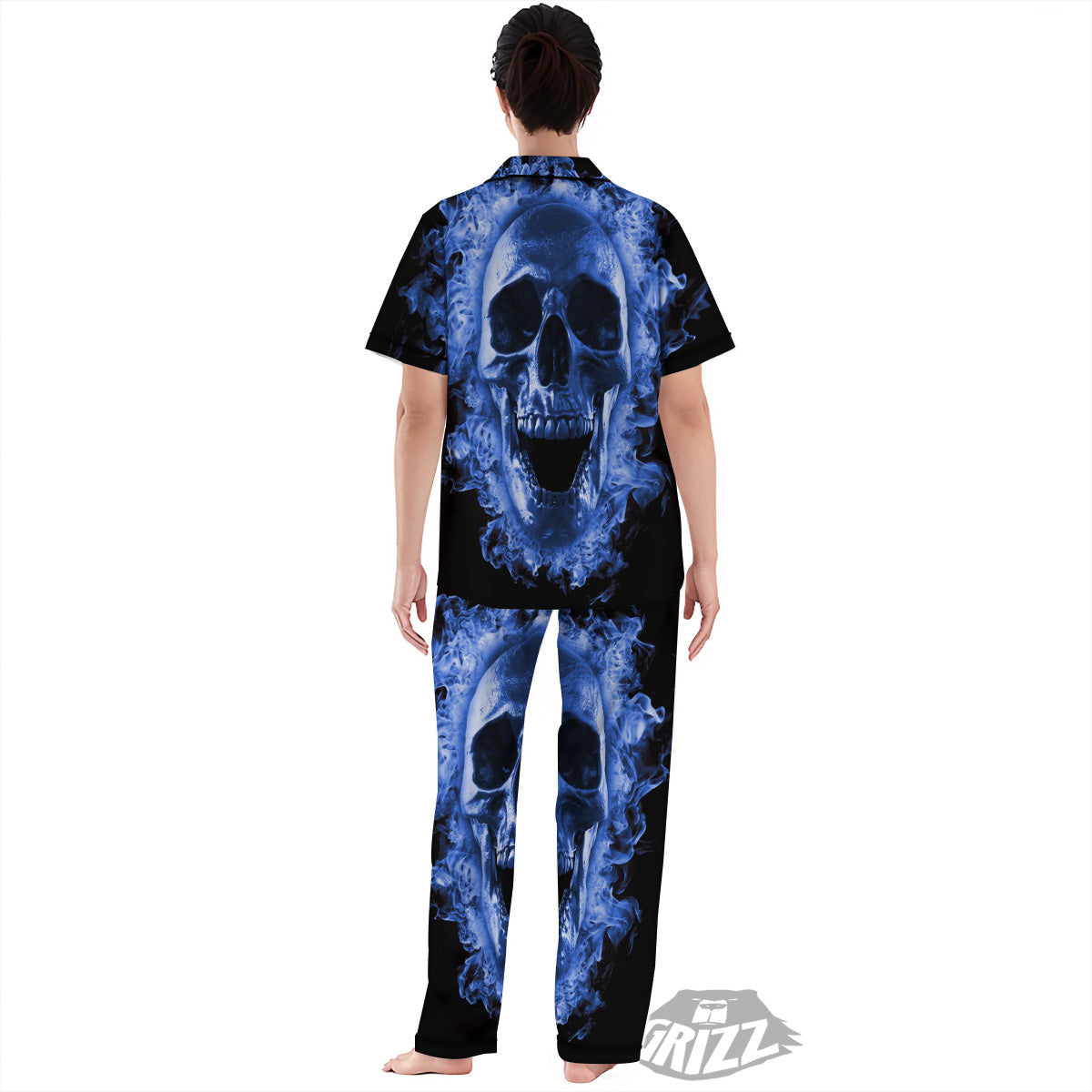 Blue Flaming Skull Print Women's Pajamas Set-grizzshop