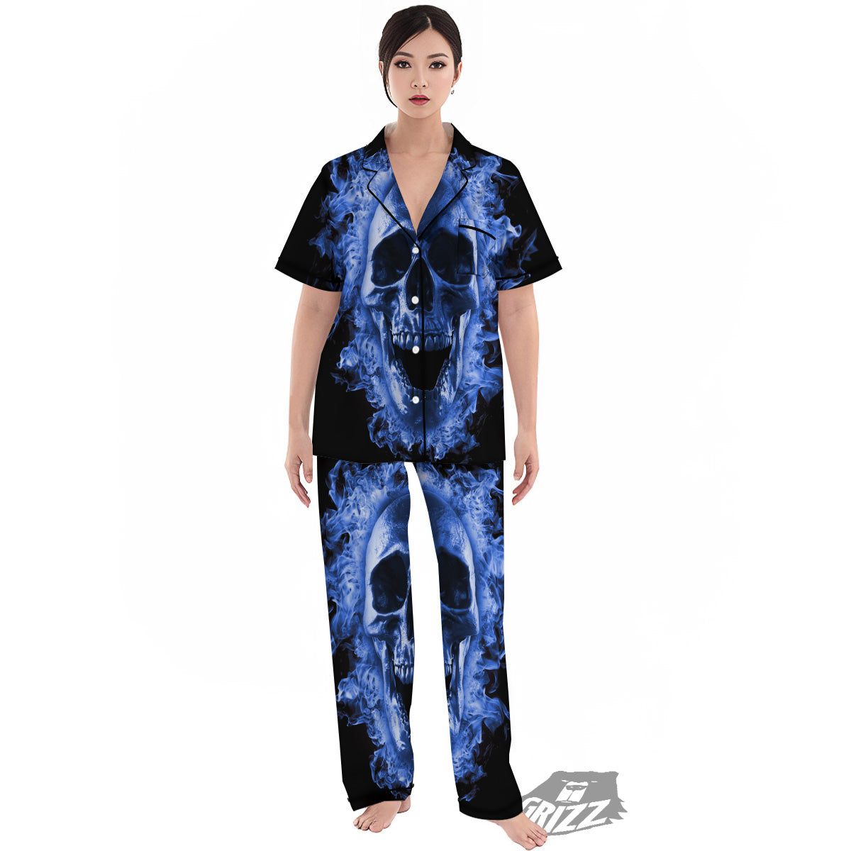 Blue Flaming Skull Print Women's Pajamas Set-grizzshop