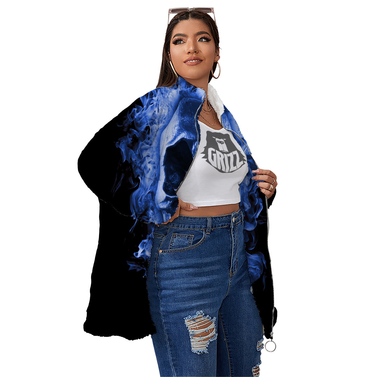 Blue Flaming Skull Print Women's Sherpa Jacket-grizzshop