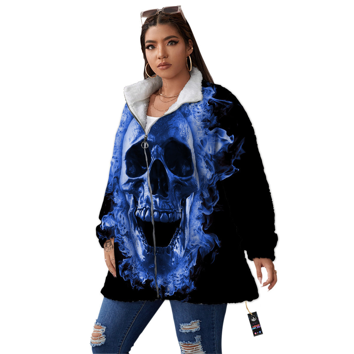 Blue Flaming Skull Print Women's Sherpa Jacket-grizzshop