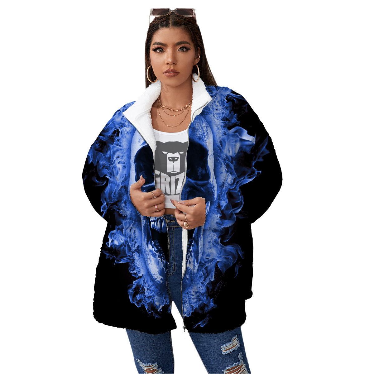 Blue Flaming Skull Print Women's Sherpa Jacket-grizzshop