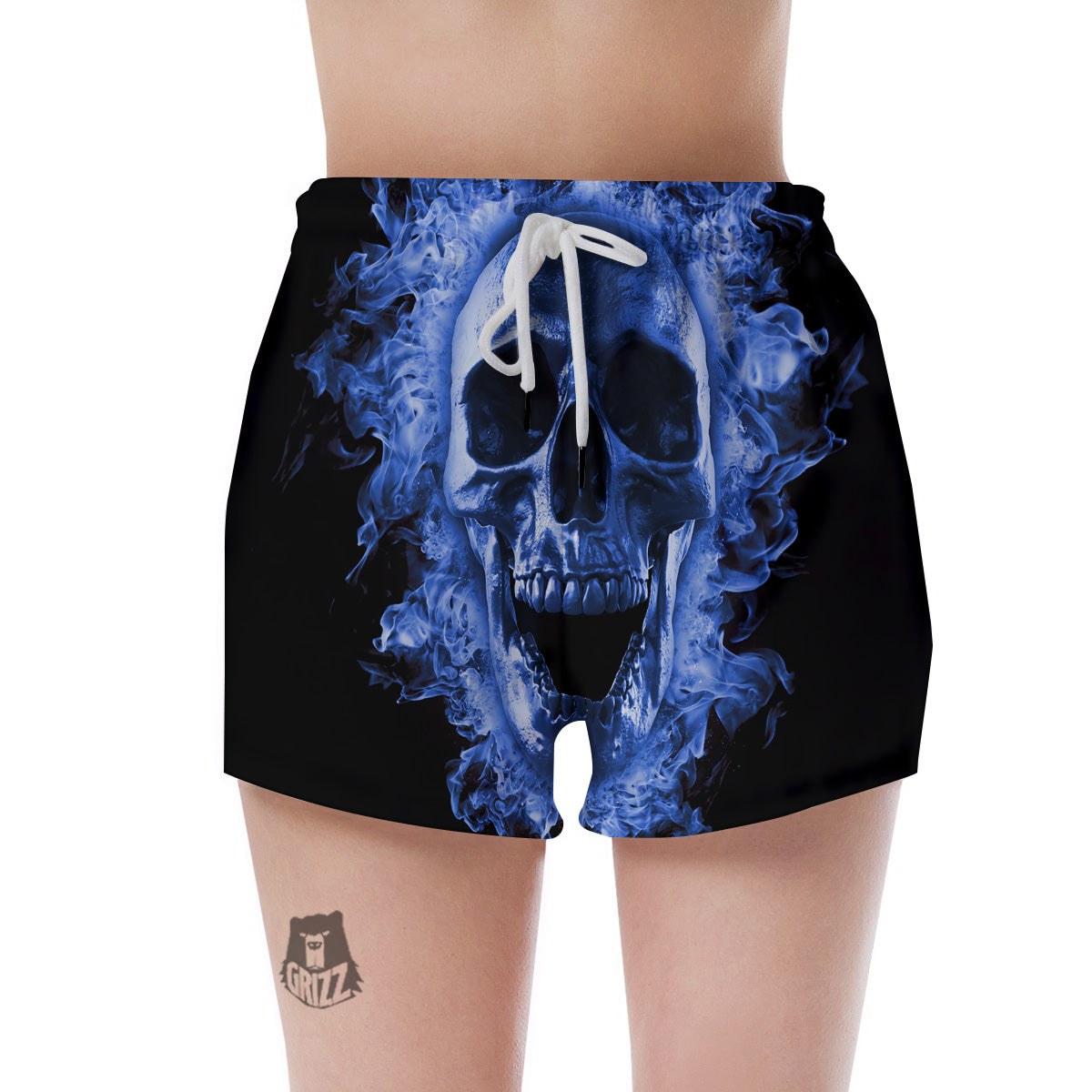 Blue Flaming Skull Print Women's Shorts-grizzshop