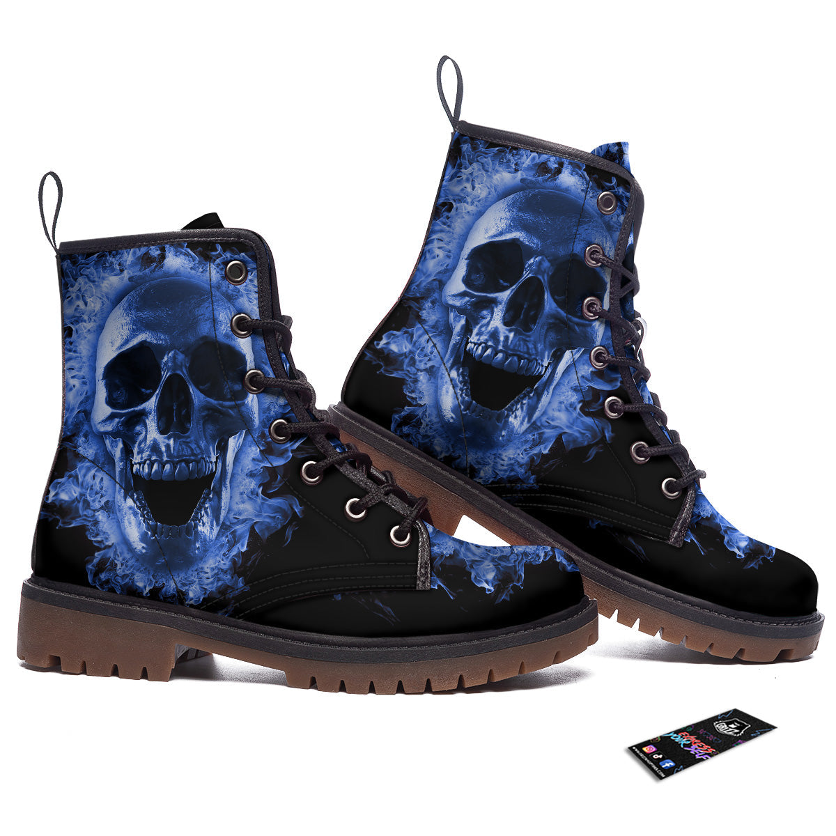 Blue Flaming Skull Print Work Boots-grizzshop