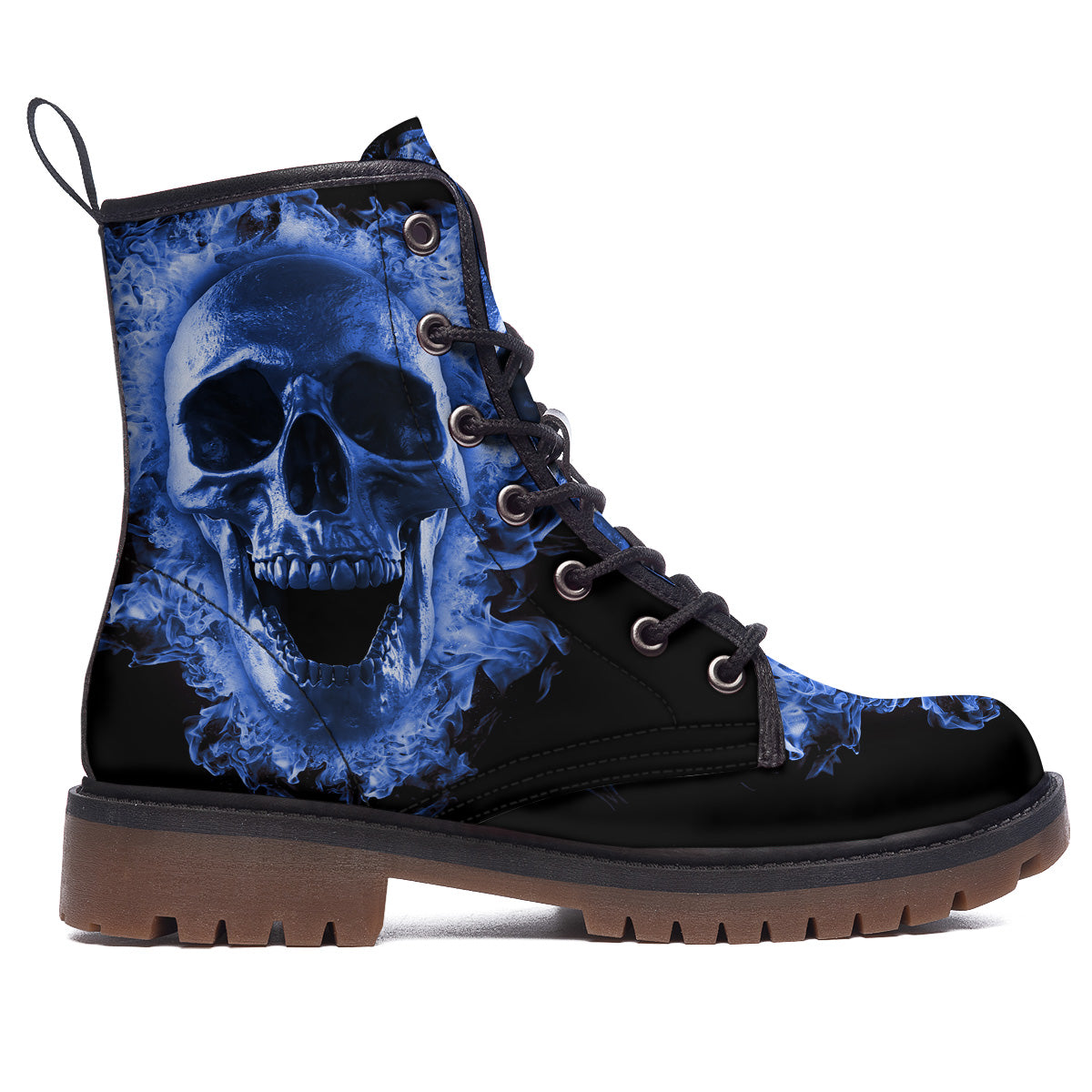 Blue Flaming Skull Print Work Boots-grizzshop