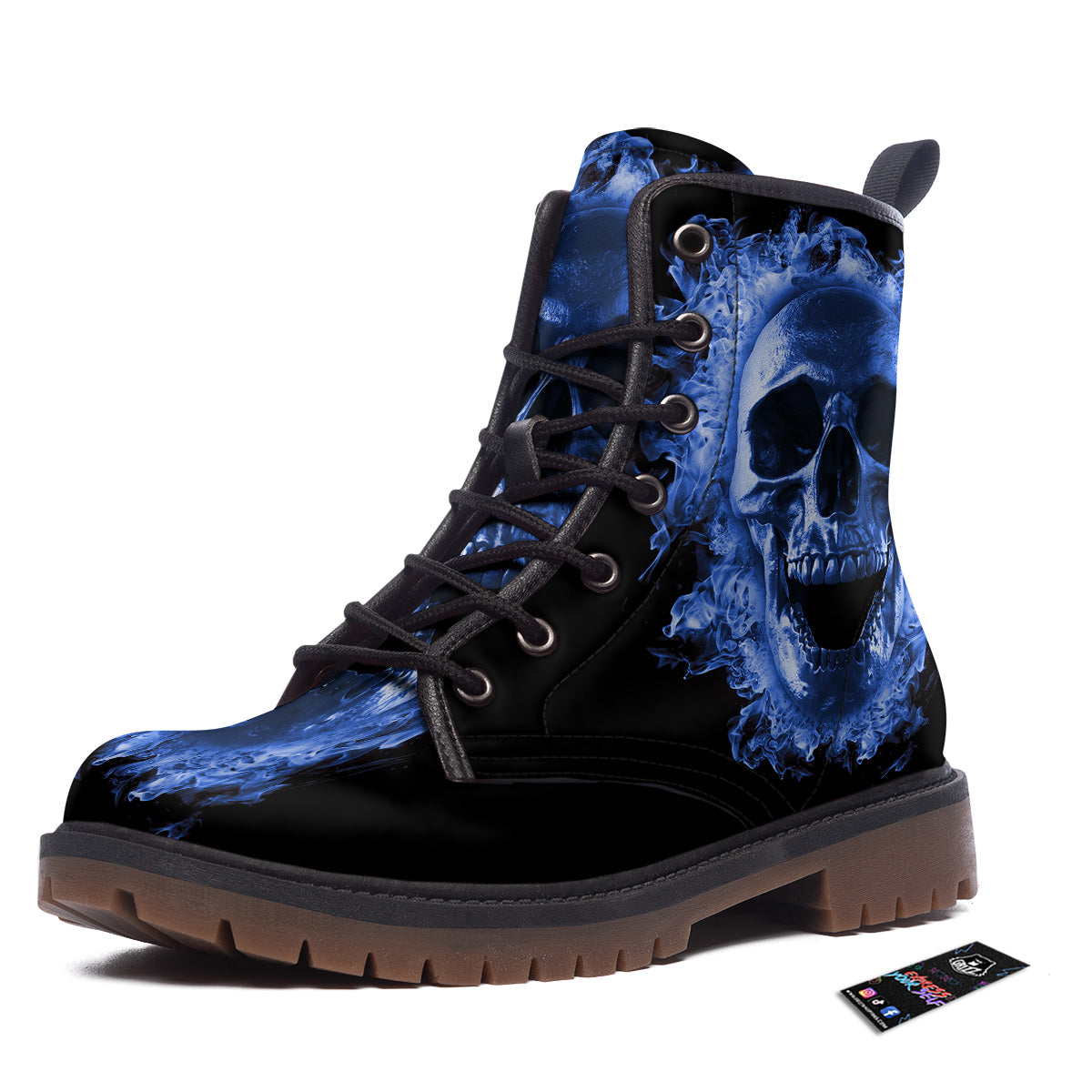 Blue Flaming Skull Print Work Boots-grizzshop