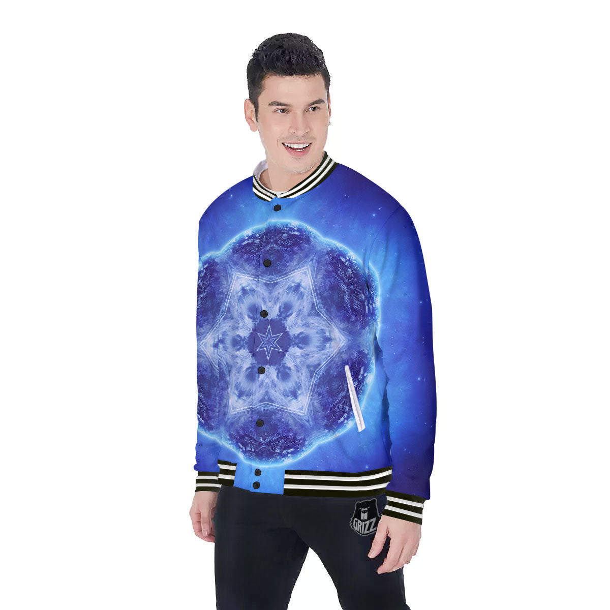 Blue Fractal Kaleidoscope Print Baseball Jacket-grizzshop
