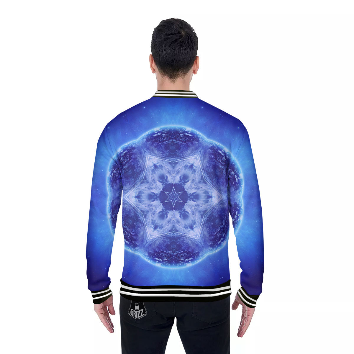 Blue Fractal Kaleidoscope Print Baseball Jacket-grizzshop