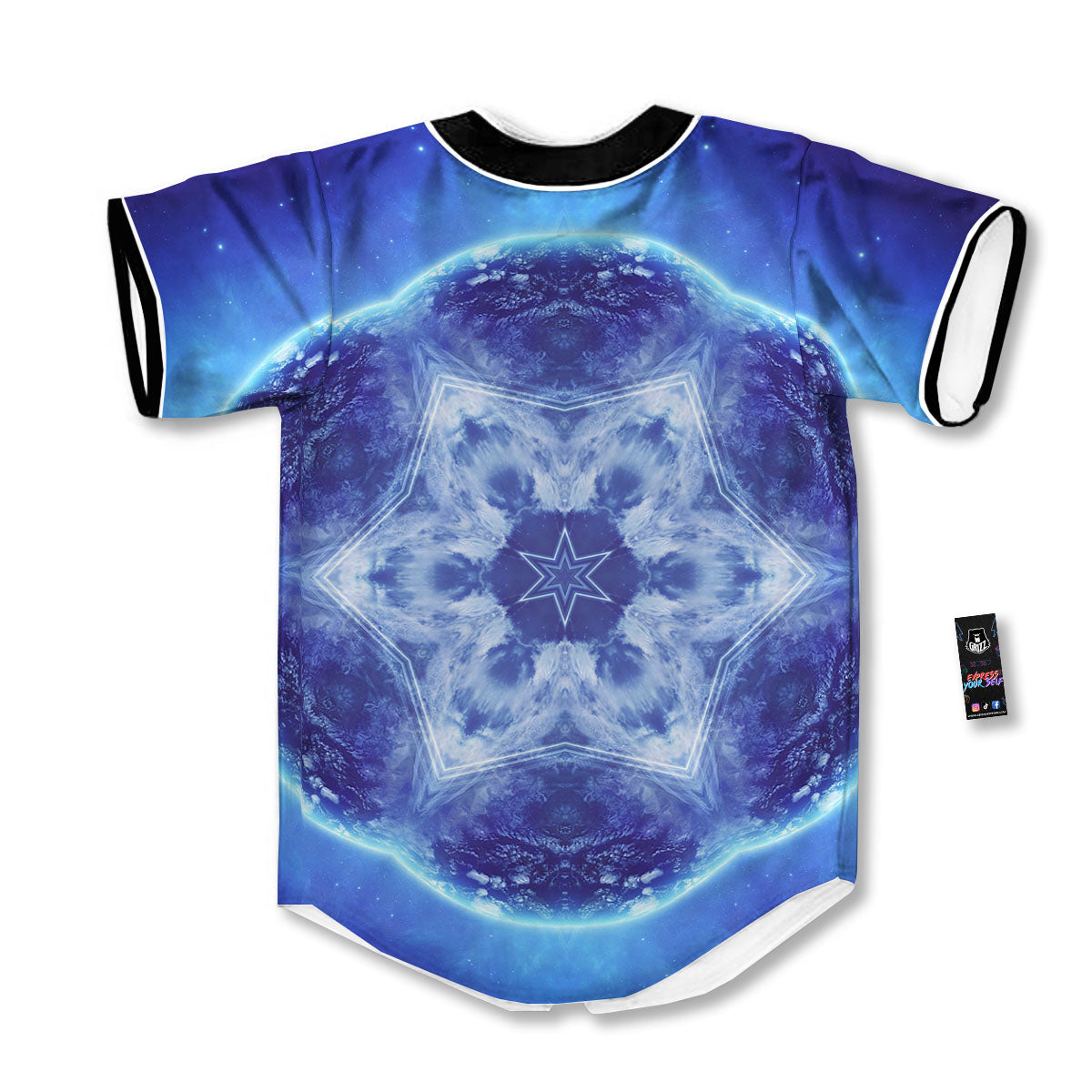 Blue Fractal Kaleidoscope Print Baseball Jersey-grizzshop