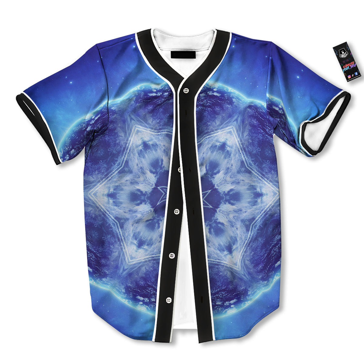 Blue Fractal Kaleidoscope Print Baseball Jersey-grizzshop