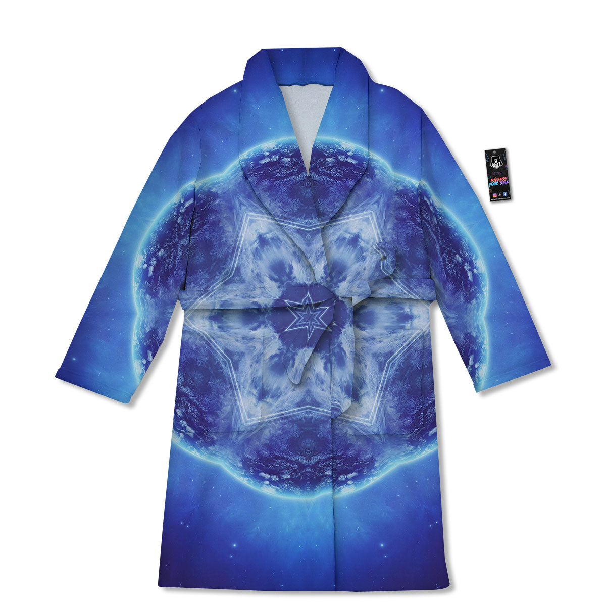 Blue Fractal Kaleidoscope Print Bathrobe-grizzshop