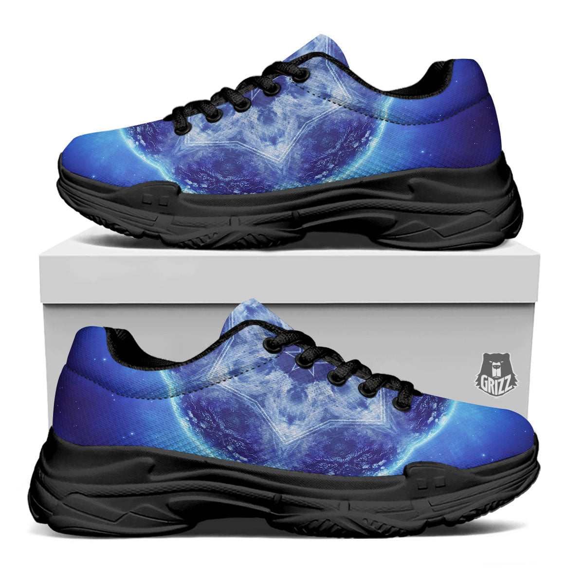 Blue Fractal Kaleidoscope Print Black Chunky Shoes-grizzshop