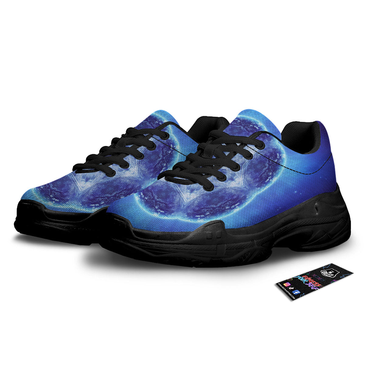 Blue Fractal Kaleidoscope Print Black Chunky Shoes-grizzshop