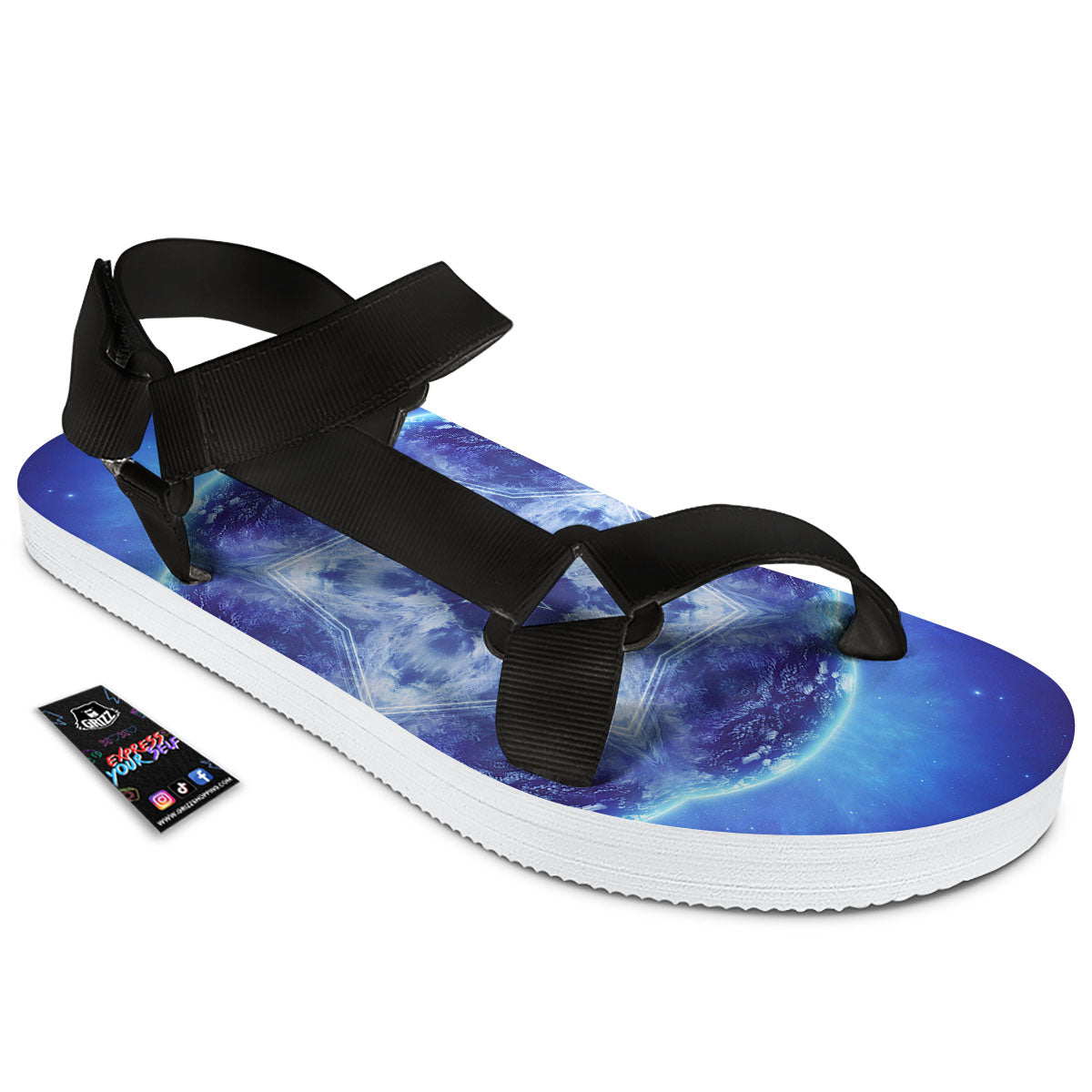 Blue Fractal Kaleidoscope Print Black Open Toe Sandals-grizzshop