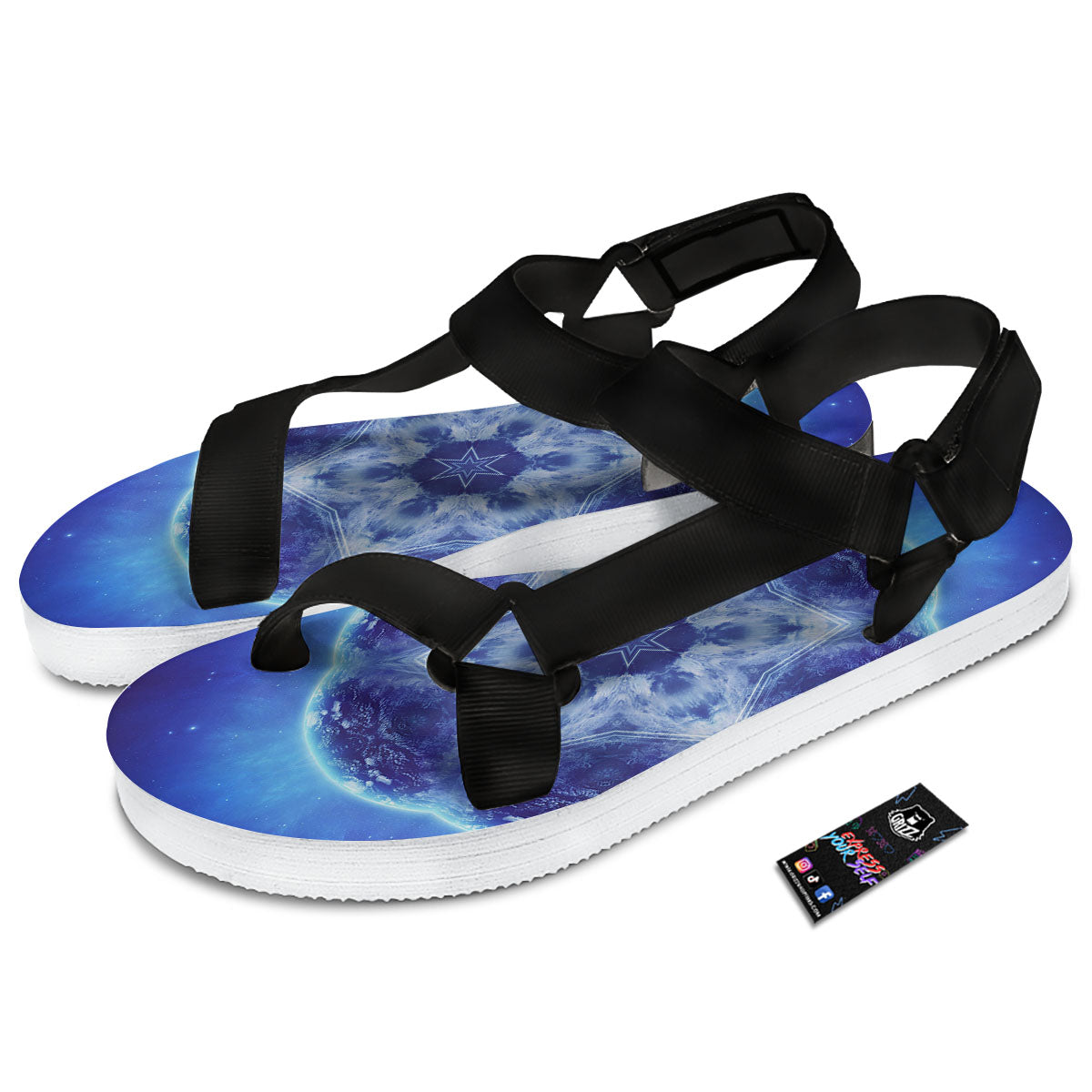 Blue Fractal Kaleidoscope Print Black Open Toe Sandals-grizzshop