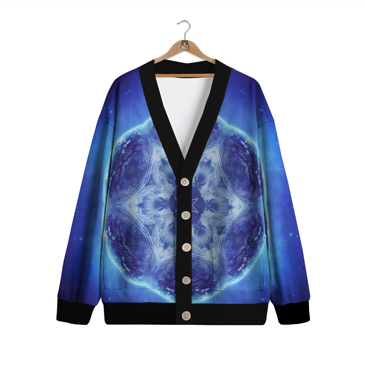 Blue Fractal Kaleidoscope Print Cardigan-grizzshop