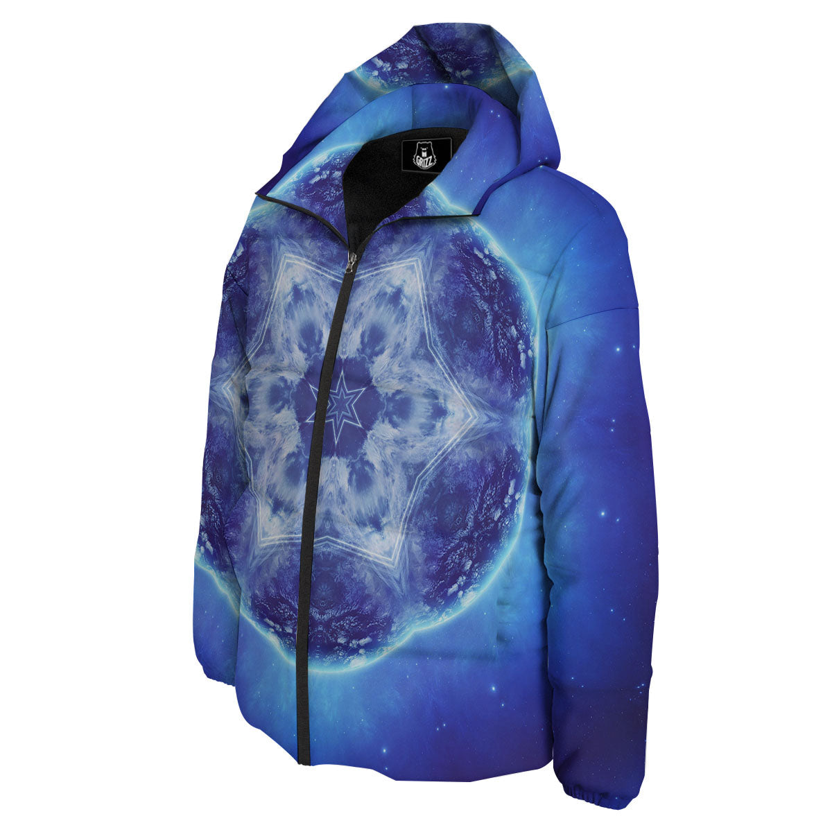 Blue Fractal Kaleidoscope Print Down Jacket-grizzshop