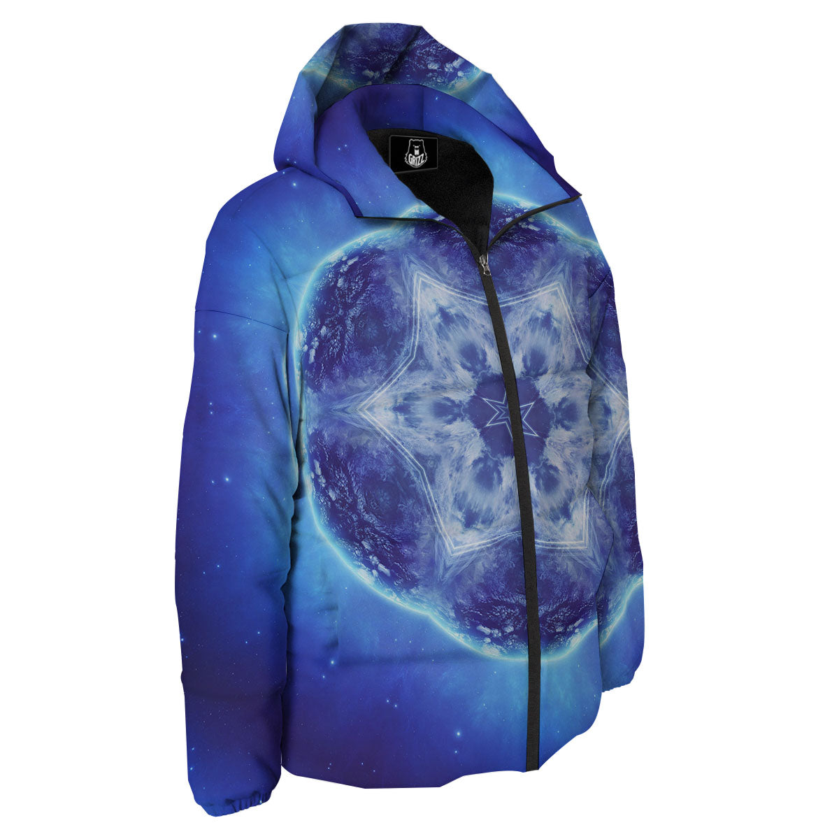 Blue Fractal Kaleidoscope Print Down Jacket-grizzshop