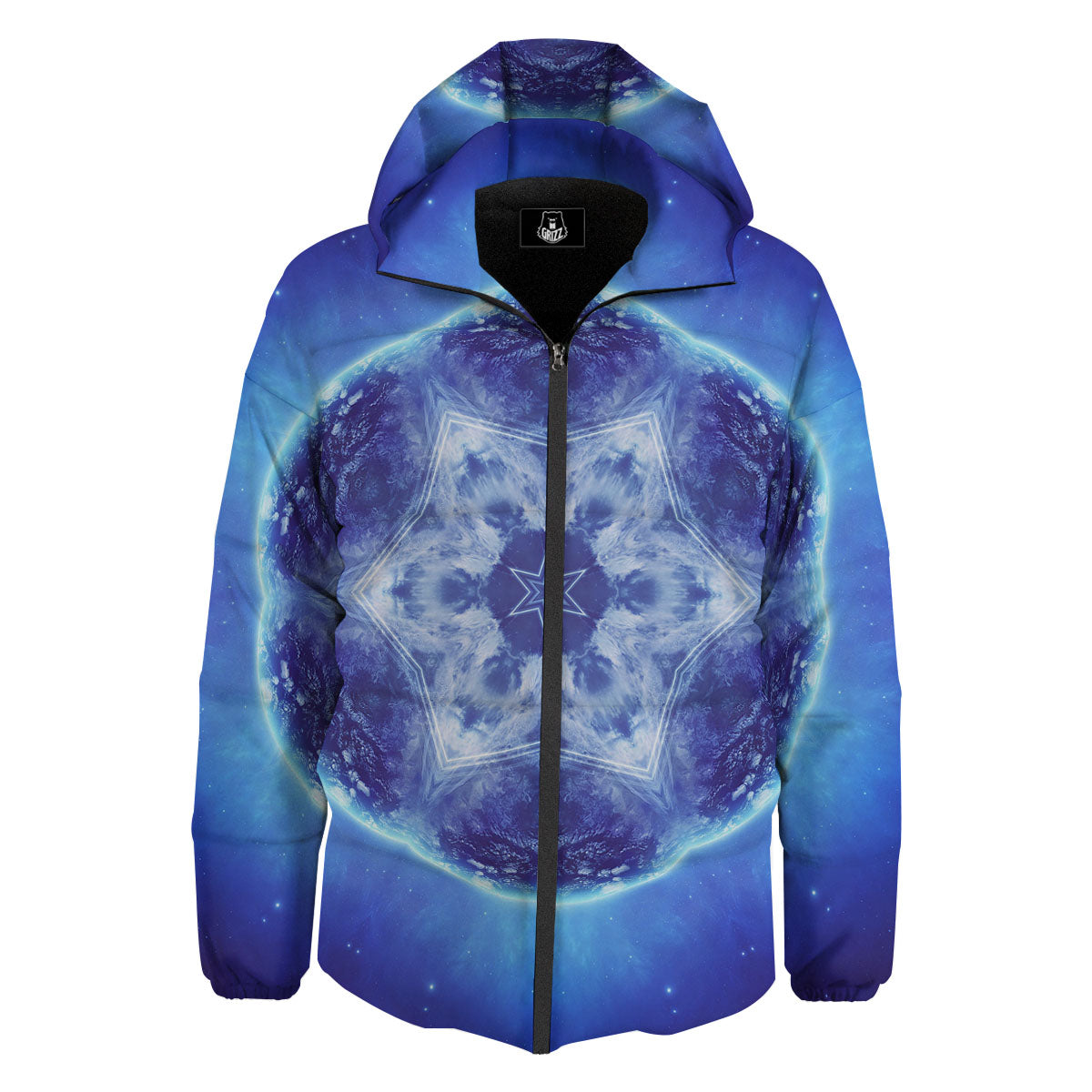 Blue Fractal Kaleidoscope Print Down Jacket-grizzshop