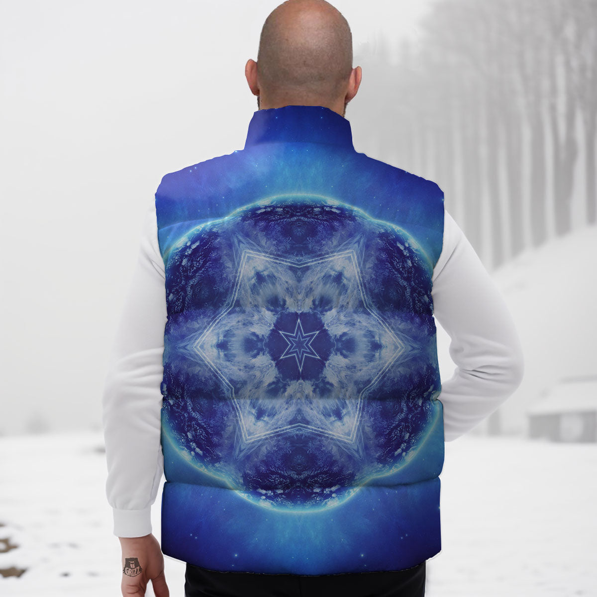 Blue Fractal Kaleidoscope Print Down Vest