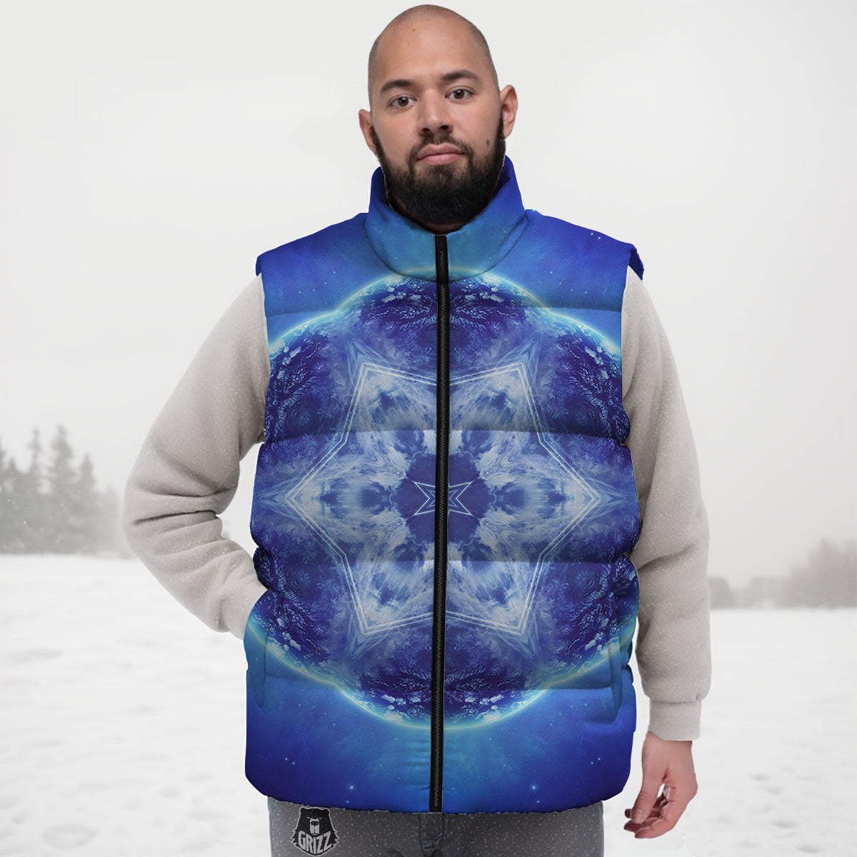 Blue Fractal Kaleidoscope Print Down Vest