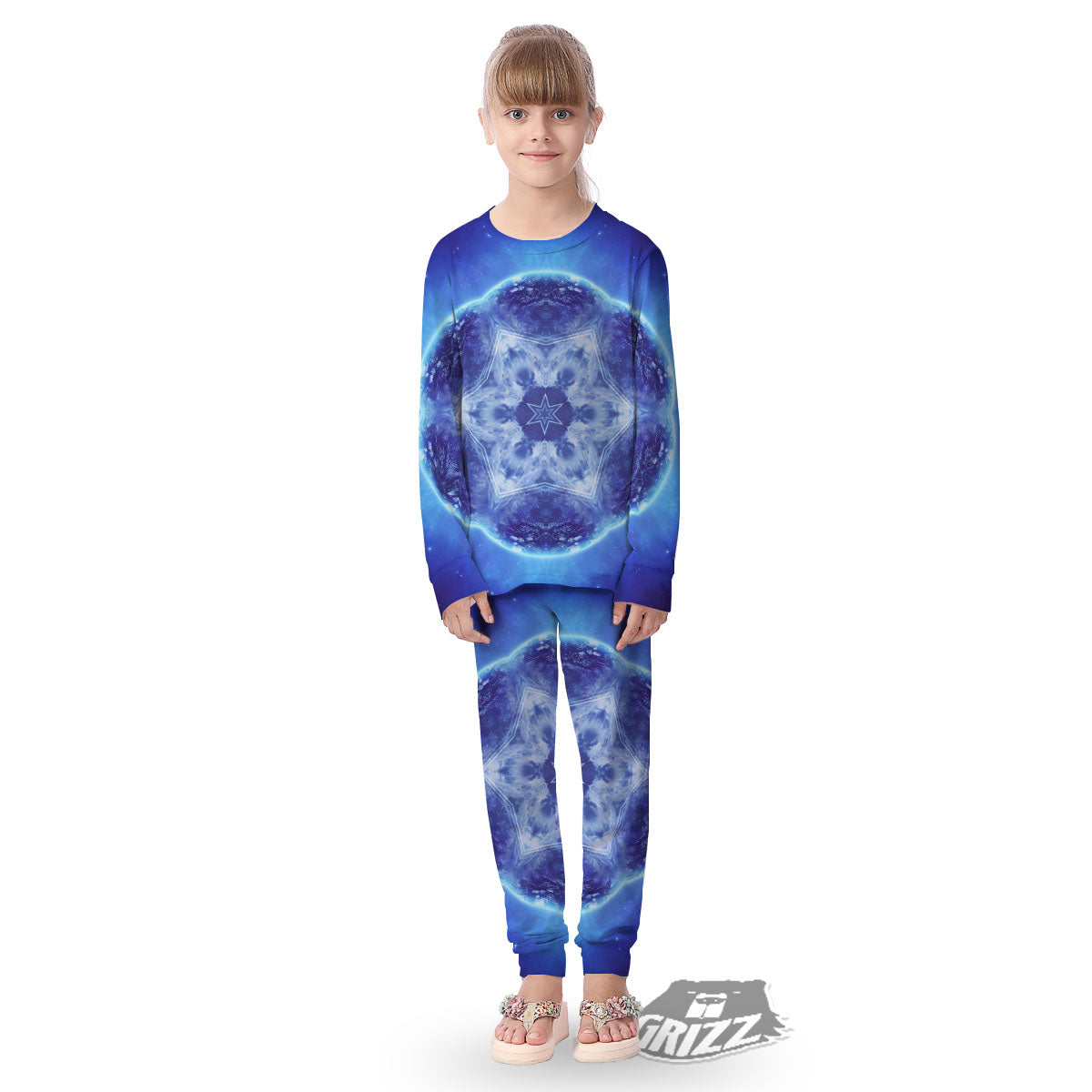 Blue Fractal Kaleidoscope Print Kid's Pajamas-grizzshop