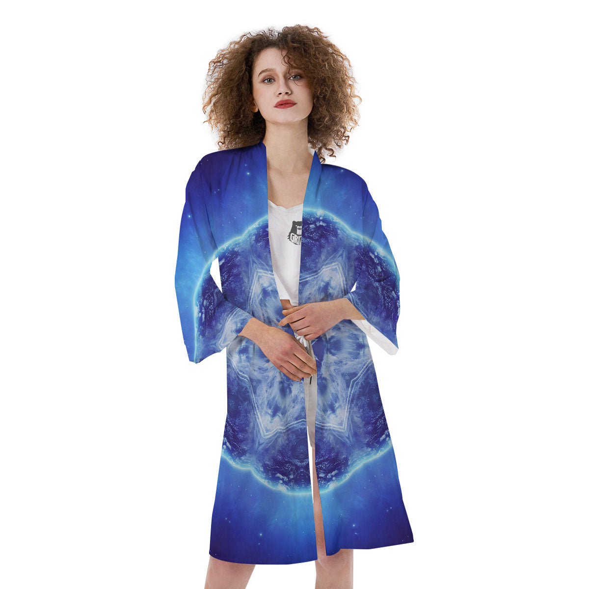Blue Fractal Kaleidoscope Print Kimono-grizzshop