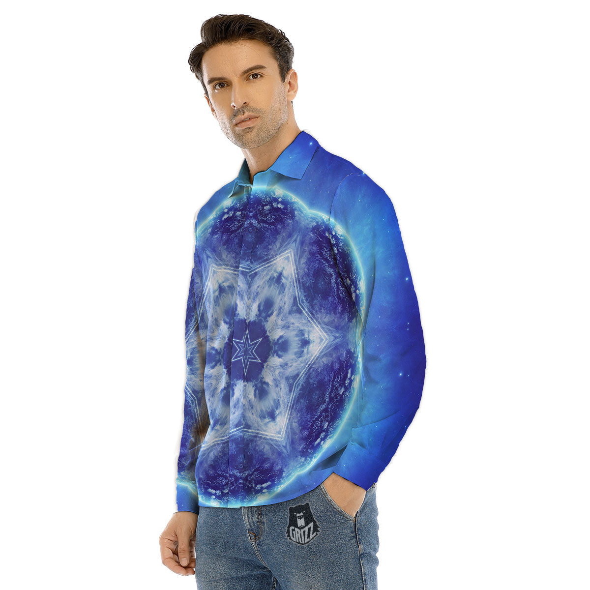 Blue Fractal Kaleidoscope Print Men's Dress Shirts-grizzshop