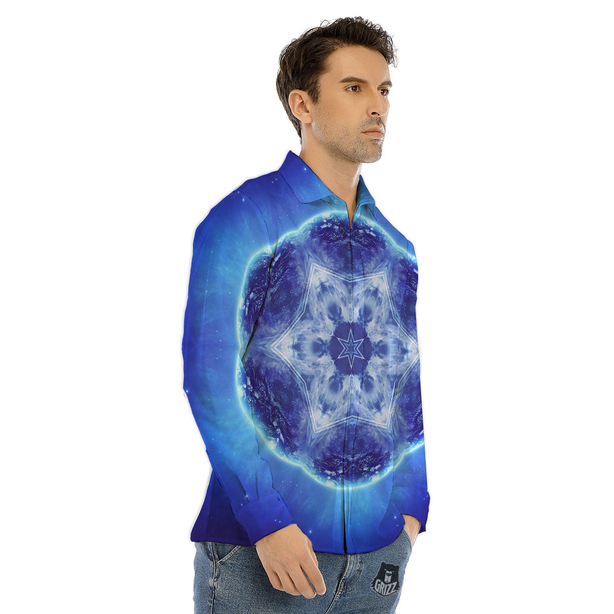 Blue Fractal Kaleidoscope Print Men's Dress Shirts-grizzshop