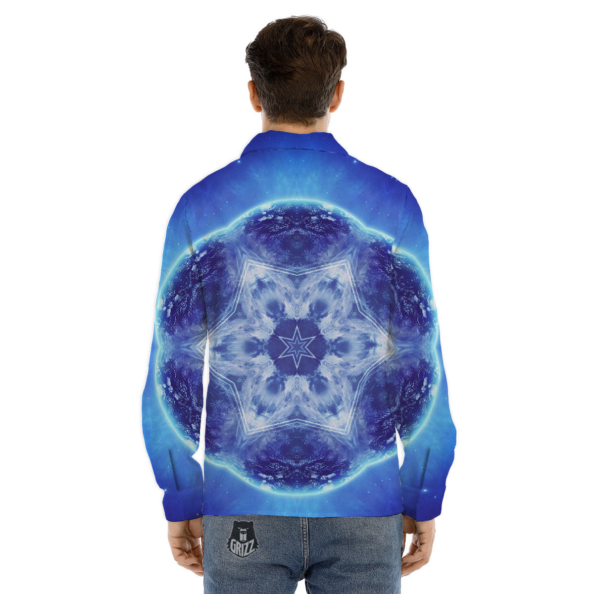 Blue Fractal Kaleidoscope Print Men's Dress Shirts-grizzshop