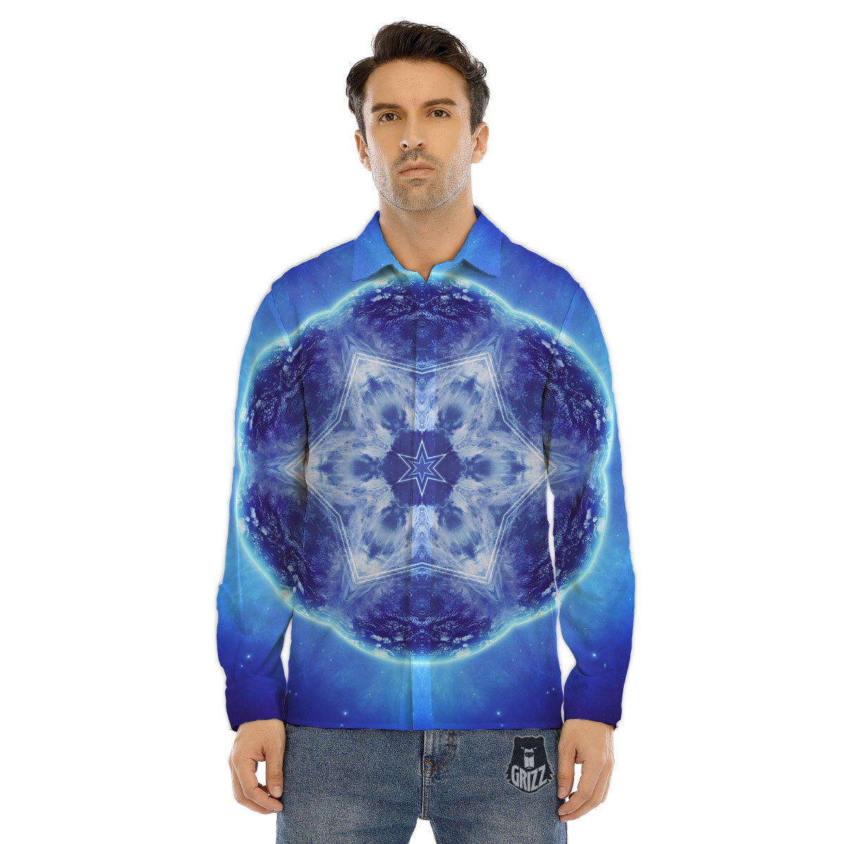 Blue Fractal Kaleidoscope Print Men's Dress Shirts-grizzshop