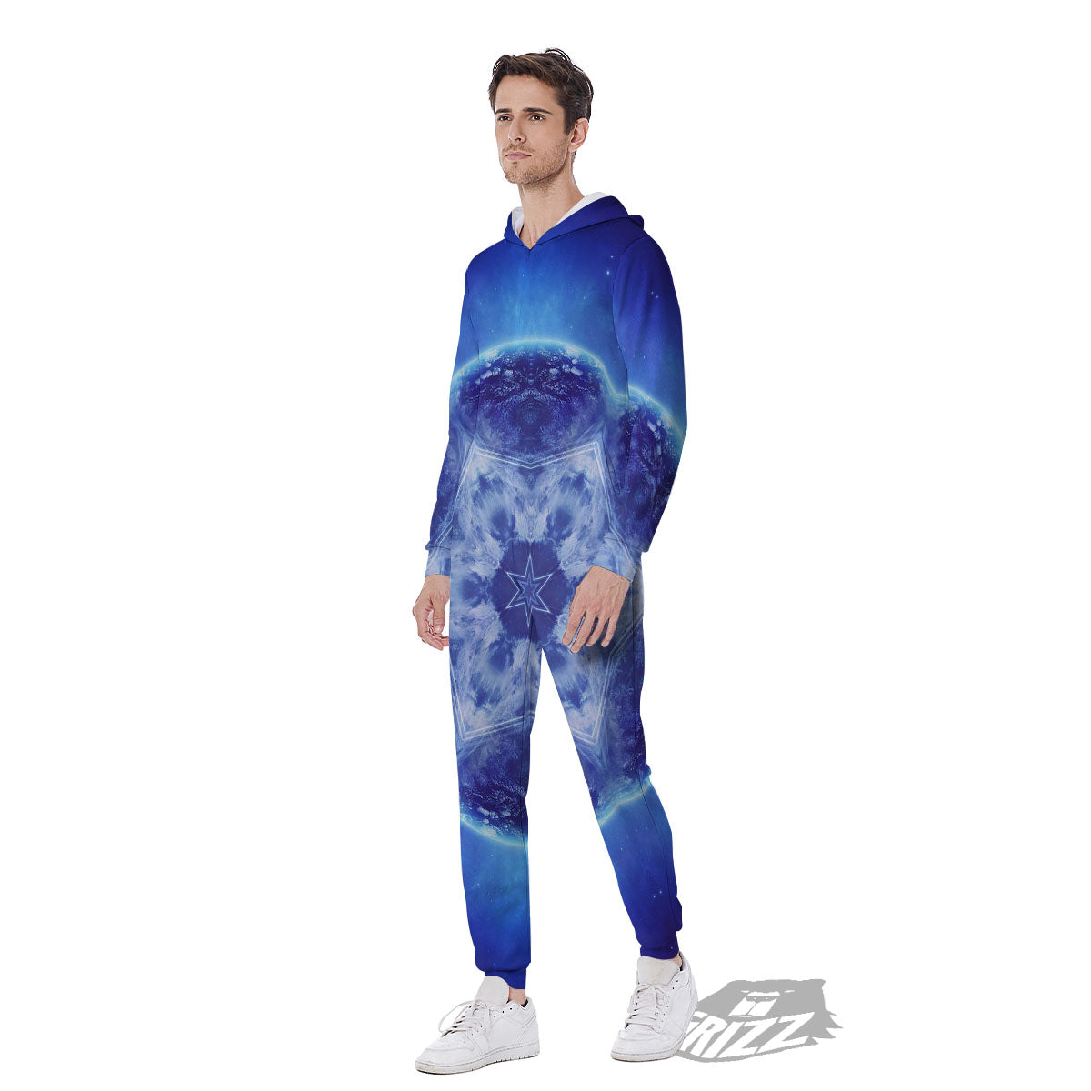 Blue Fractal Kaleidoscope Print Men's Jumpsuit-grizzshop