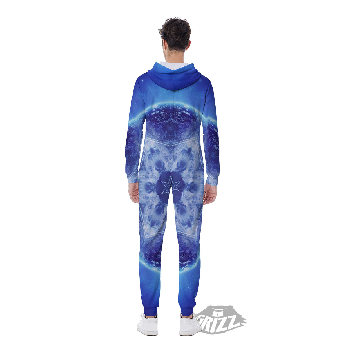 Blue Fractal Kaleidoscope Print Men's Jumpsuit-grizzshop