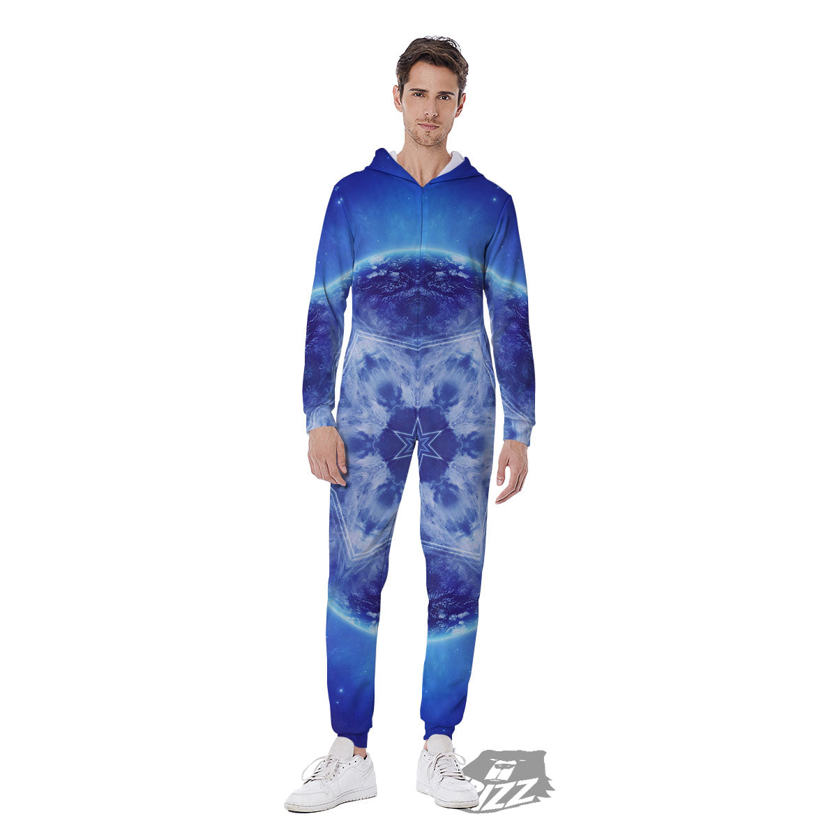 Blue Fractal Kaleidoscope Print Men's Jumpsuit-grizzshop