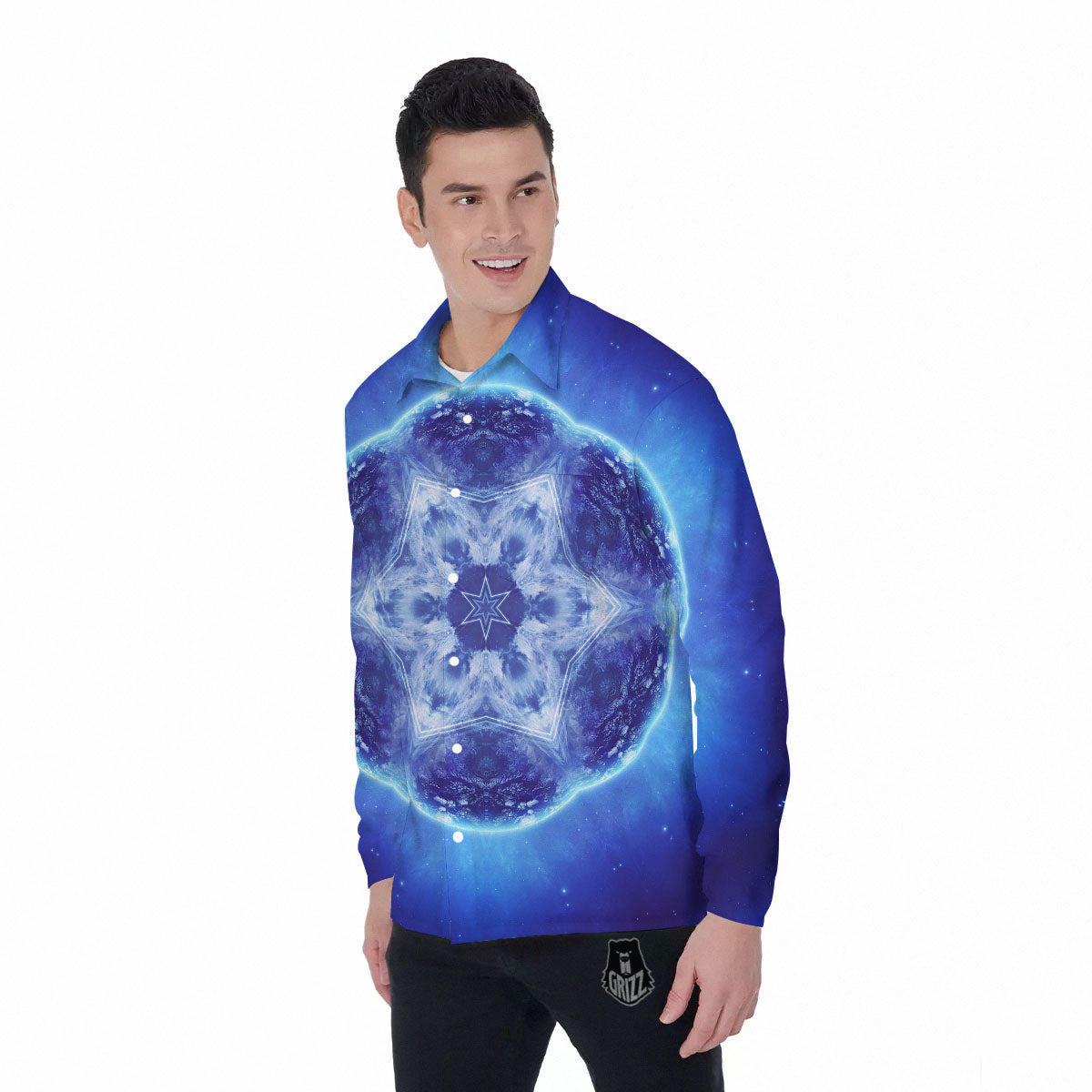 Blue Fractal Kaleidoscope Print Men's Long Sleeve Shirts-grizzshop