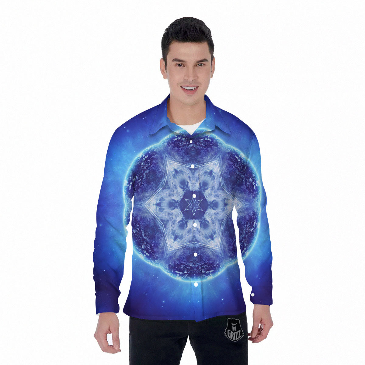 Blue Fractal Kaleidoscope Print Men's Long Sleeve Shirts-grizzshop