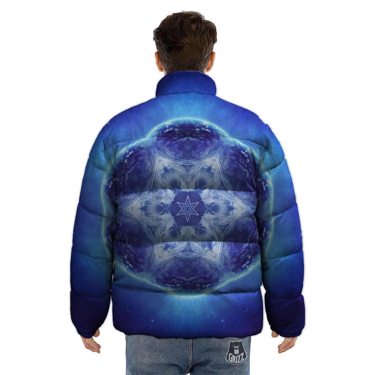 Blue Fractal Kaleidoscope Print Puffer Jacket-grizzshop