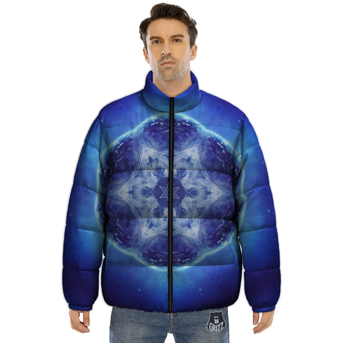 Blue Fractal Kaleidoscope Print Puffer Jacket-grizzshop