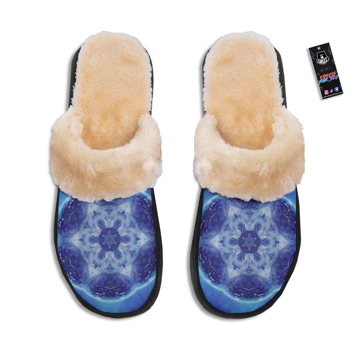 Blue Fractal Kaleidoscope Print Slippers-grizzshop
