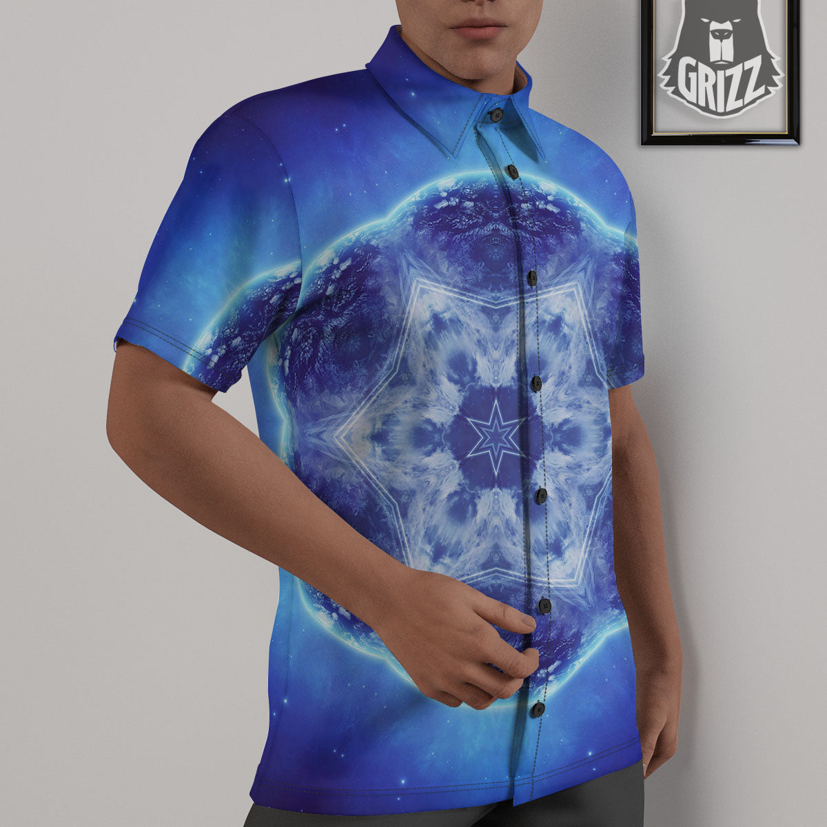 Blue Fractal Kaleidoscope Print Untucked Shirts-grizzshop