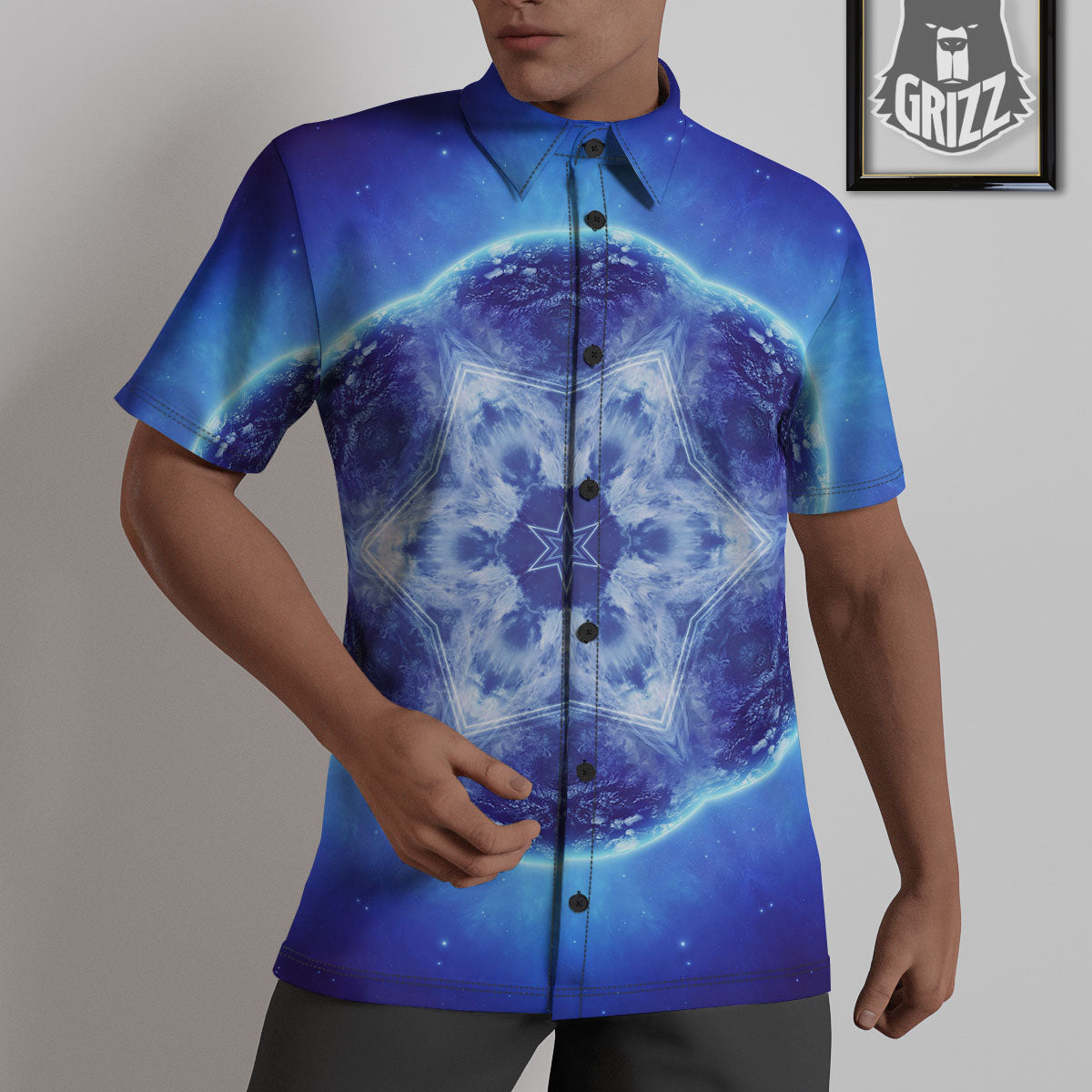 Blue Fractal Kaleidoscope Print Untucked Shirts-grizzshop