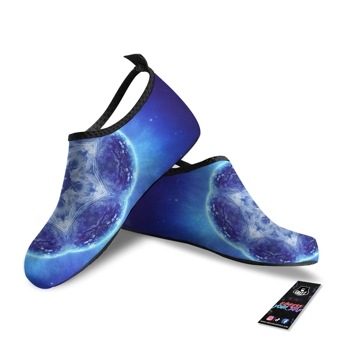 Blue Fractal Kaleidoscope Print Water Shoes-grizzshop