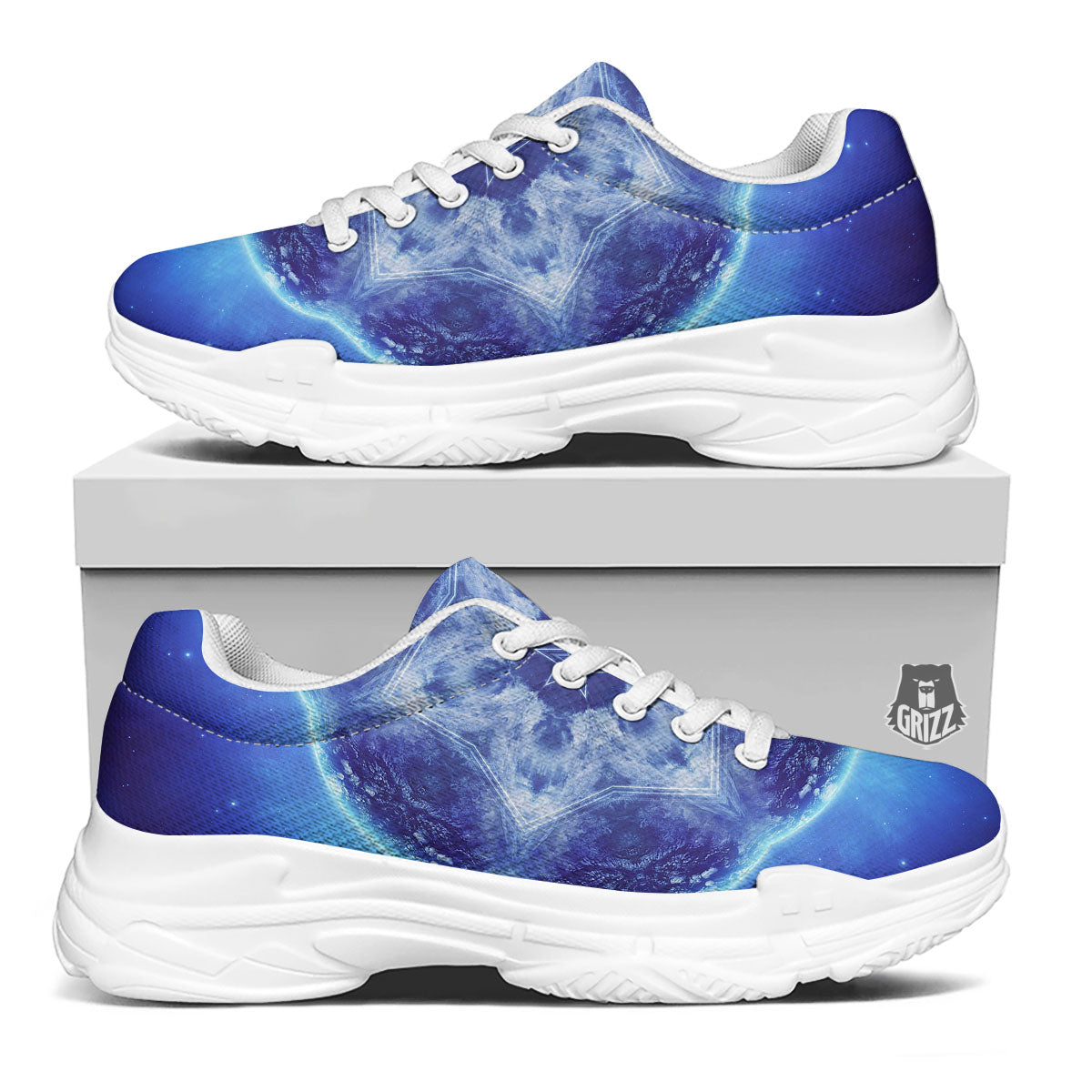 Blue Fractal Kaleidoscope Print White Chunky Shoes-grizzshop
