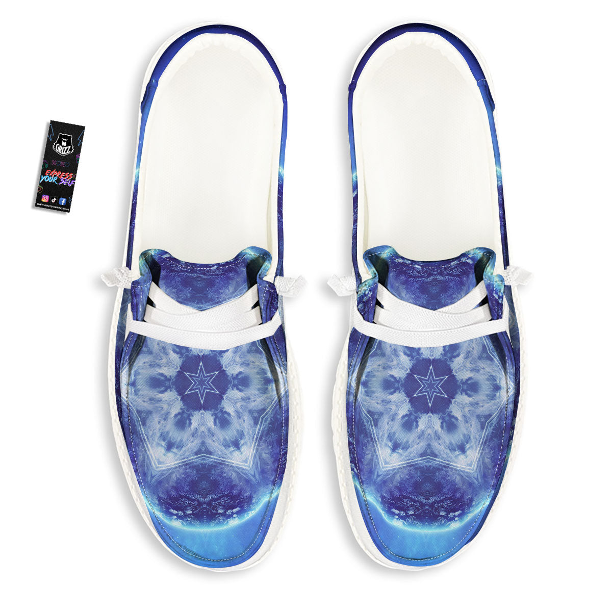 Blue Fractal Kaleidoscope Print White Loafers-grizzshop