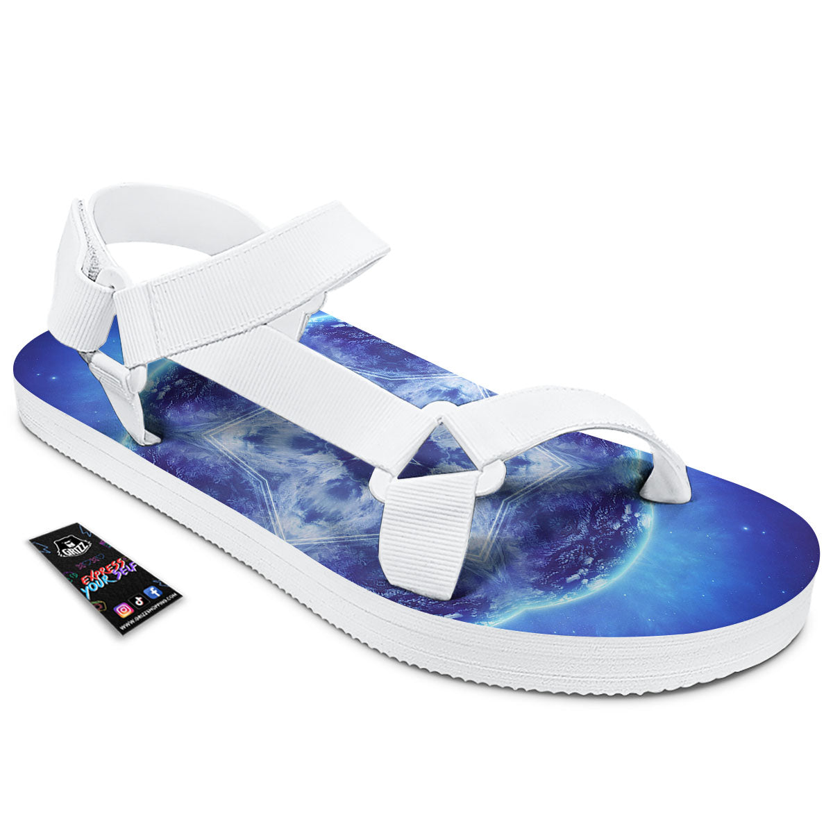 Blue Fractal Kaleidoscope Print White Open Toe Sandals-grizzshop
