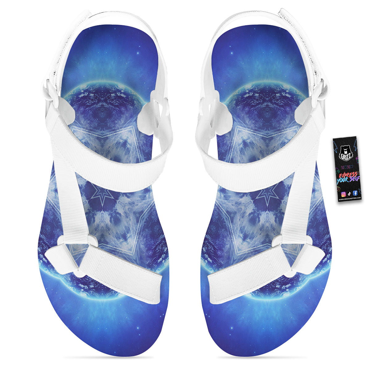 Blue Fractal Kaleidoscope Print White Open Toe Sandals-grizzshop