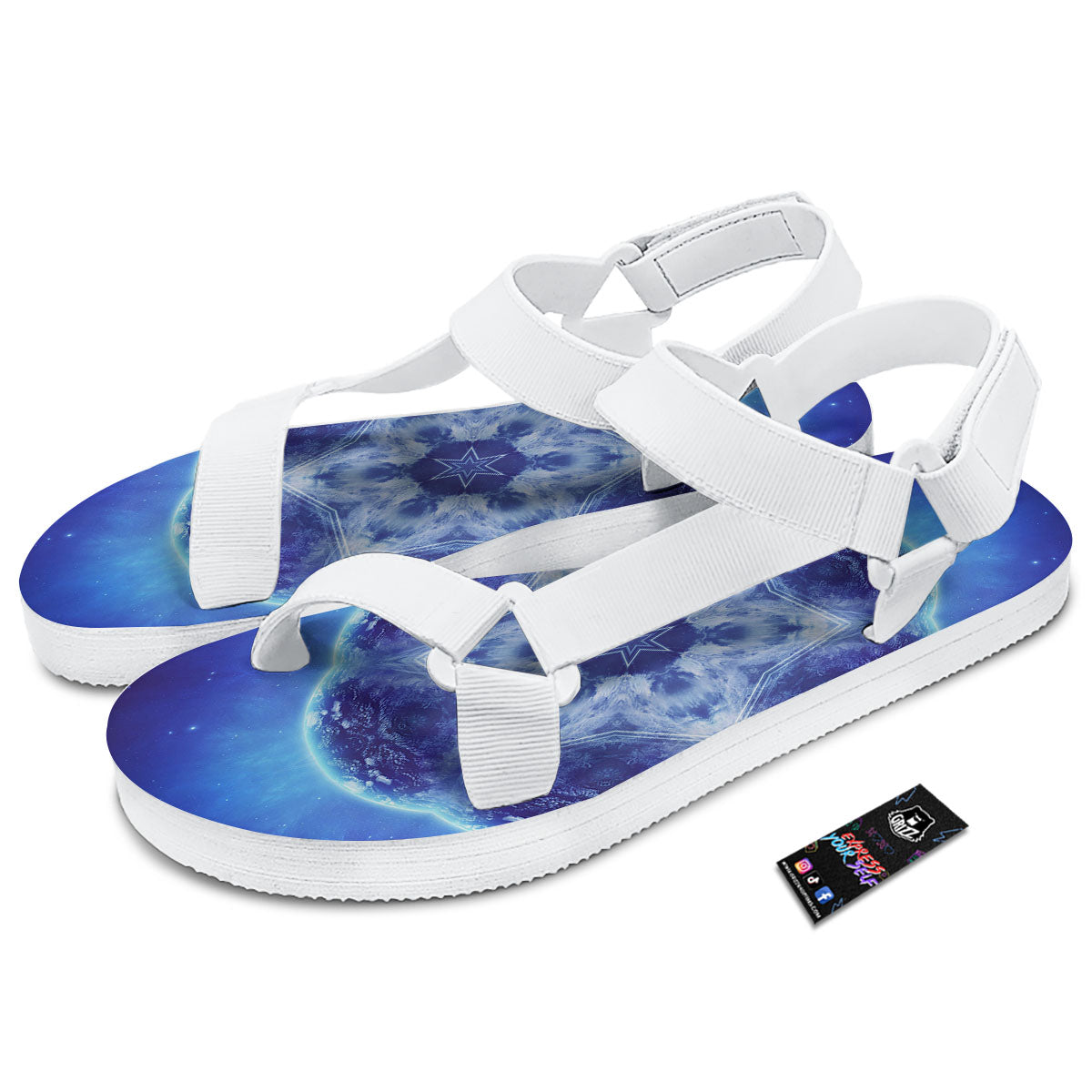 Blue Fractal Kaleidoscope Print White Open Toe Sandals-grizzshop