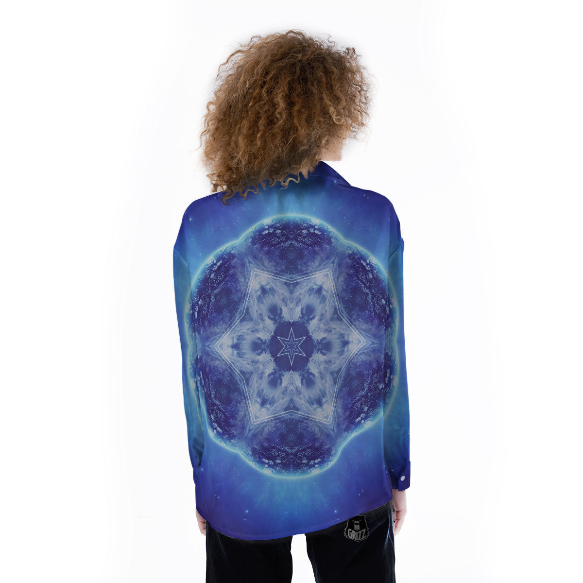 Blue Fractal Kaleidoscope Print Women's Long Sleeve Shirts-grizzshop