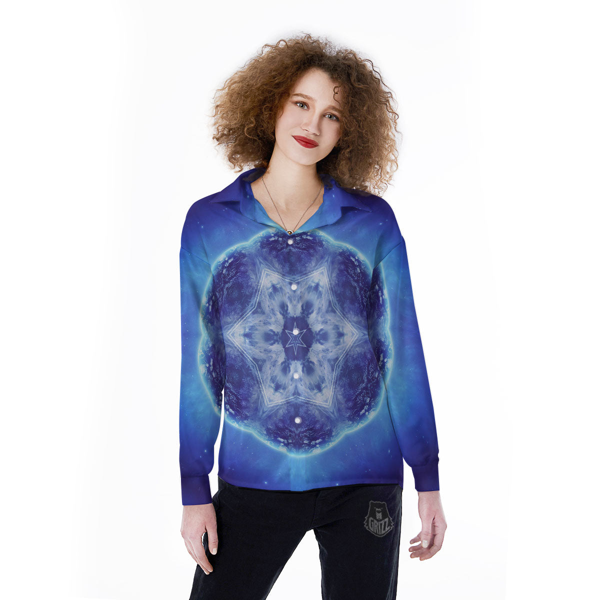 Blue Fractal Kaleidoscope Print Women's Long Sleeve Shirts-grizzshop